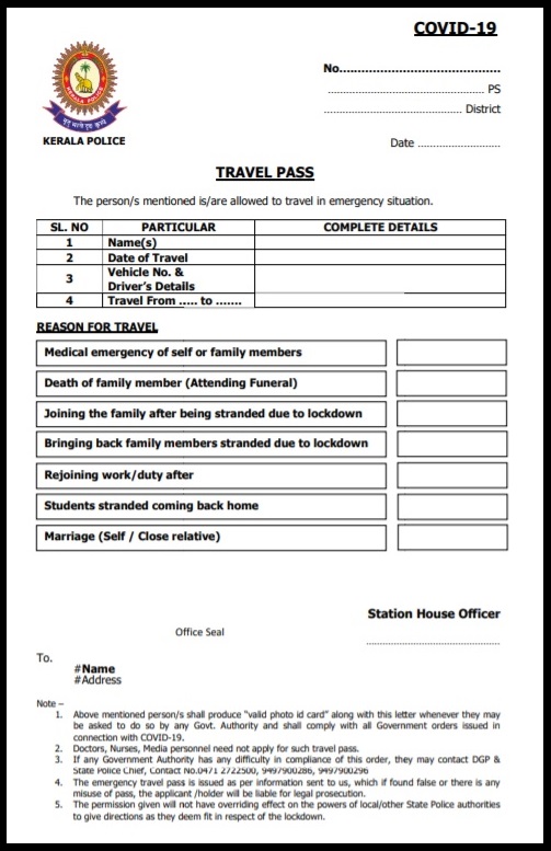 Inter-District Travel Pass in Kerala