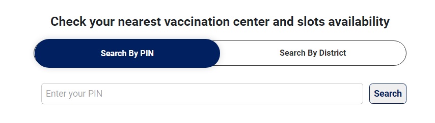 Search for vaccination center by Pin Number